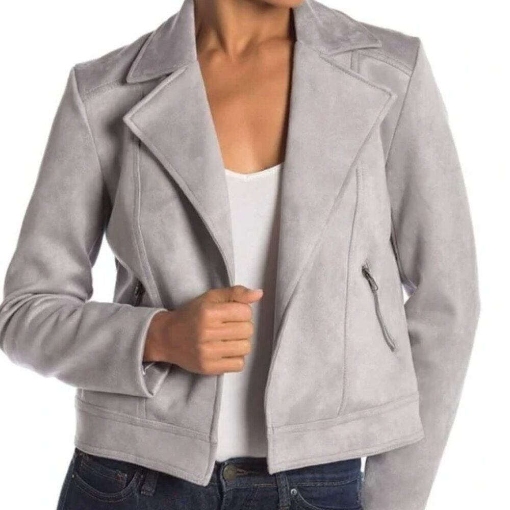 PHILOSOPHY Women’s Faux Vegan Suede Gray‎ Moto Jacket Open Front Cropped Size S